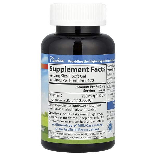 Alternative view of Carlson, Vitamin D3, 250 mcg (10,000 IU), 120 Soft Gels