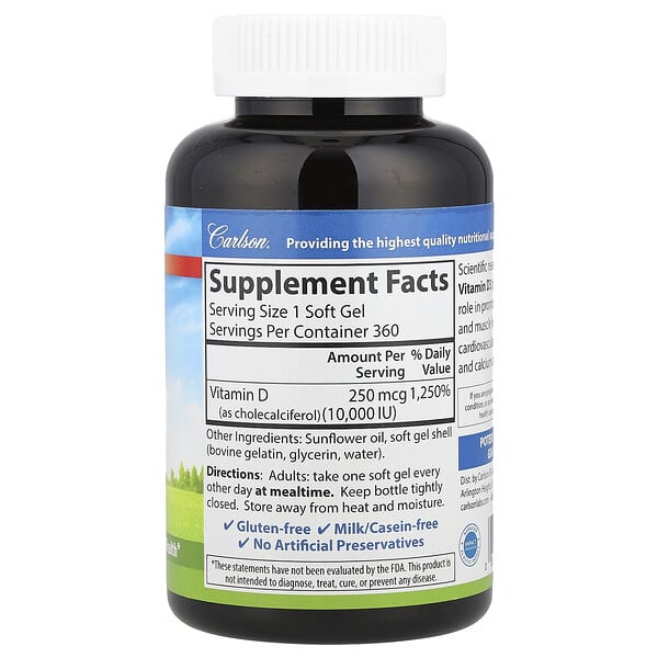 Alternative view of Carlson, Vitamin D3, 250 mcg (10,000 IU), 360 Soft Gels