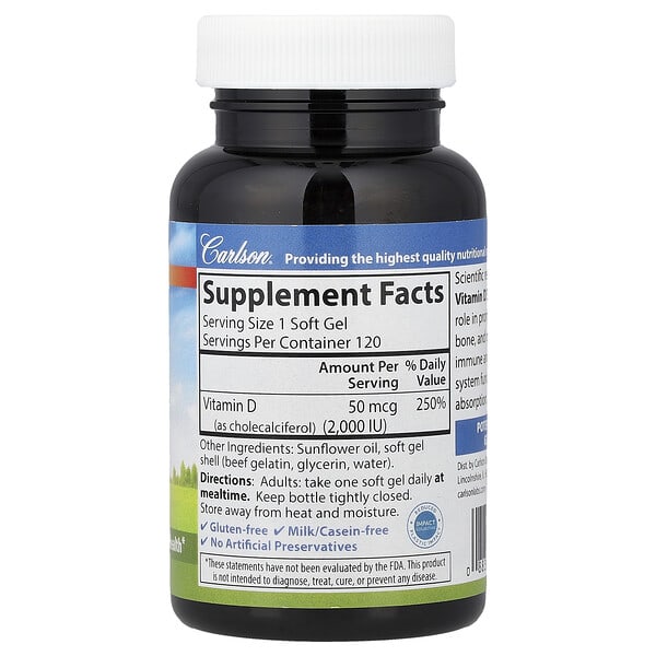 Alternative view of Carlson, Vitamin D3, 50 mcg (2,000 IU), 120 Soft Gels