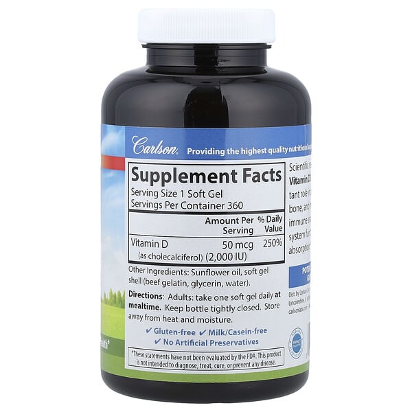 Alternative view of Carlson, Vitamin D3, 50 mcg (2,000 IU), 360 Soft Gels