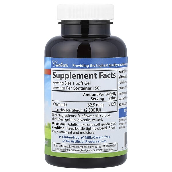 Alternative view of Carlson, Vitamin D3, 62.5 mcg (2,500 IU), 150 Soft Gels