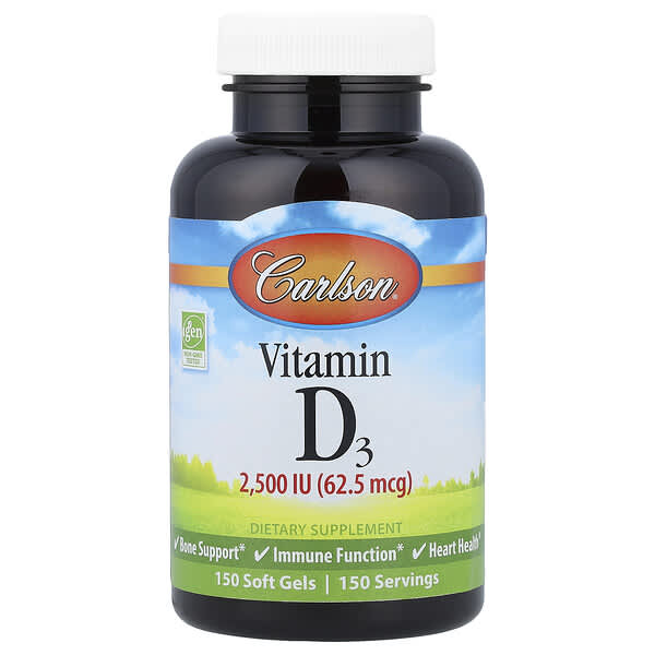 Carlson, Vitamin D3, 62.5 mcg (2,500 IU), 150 Soft Gels