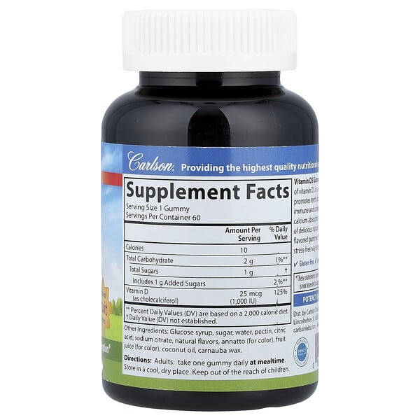 Alternative view of Carlson, Vitamin D3 Gummies, Natural Fruit, 25 mcg (1,000 IU), 60 Vegetarian Gummies