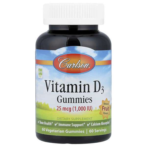 Carlson, Vitamin D3 Gummies, Natural Fruit, 25 mcg (1,000 IU), 60 Vegetarian Gummies