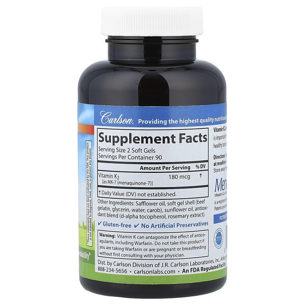 Alternative view of Carlson, Vitamin K2, 180 Soft Gels (90 mcg per Soft Gel)