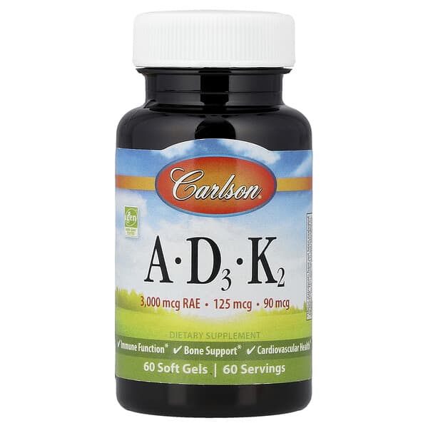 Carlson, Vitamins A - D3 - K2, 60 Soft Gels