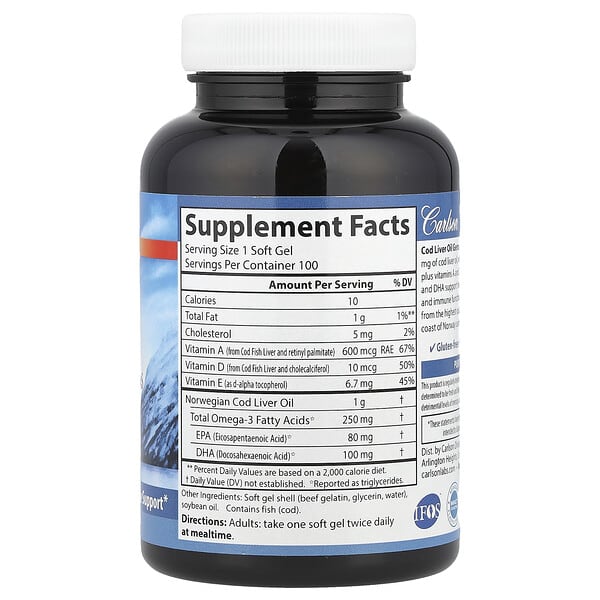 Alternative view of Carlson, Wild Norwegian, Cod Liver Oil Gems, 1,000 mg, 100 Soft Gels