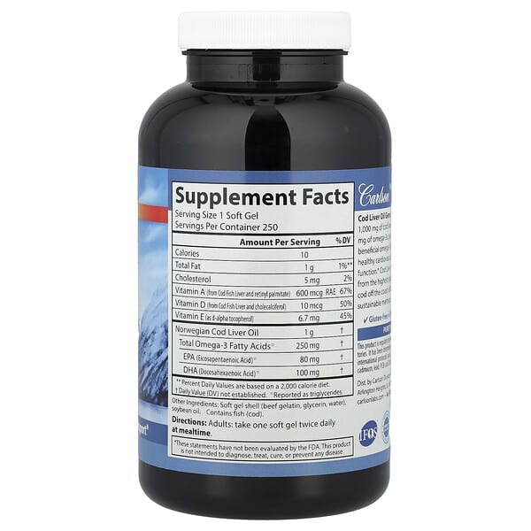 Alternative view of Carlson, Wild Norwegian, Cod Liver Oil Gems, 250 Soft Gels