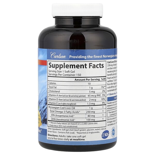 Alternative view of Carlson, Wild Norwegian, Cod Liver Oil Gems, Low Vitamin A, Natural Lemon, 150 Soft Gels