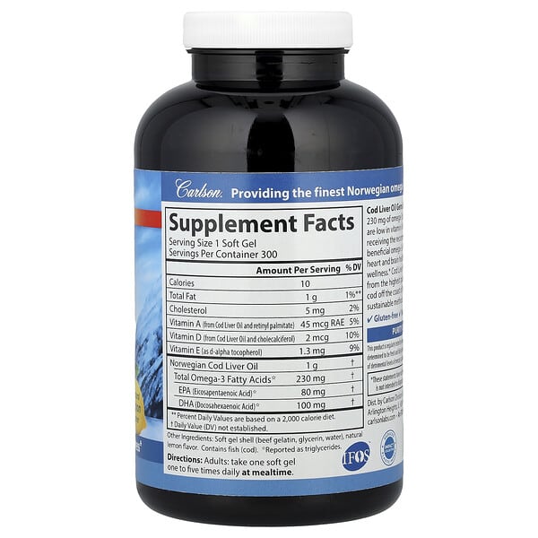 Alternative view of Carlson, Wild Norwegian, Cod Liver Oil Gems, Low Vitamin A, Natural Lemon, 300 Soft Gels