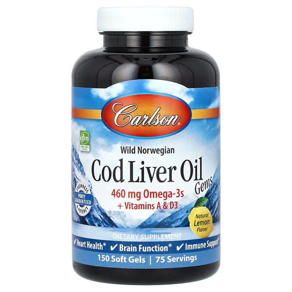 Carlson, Wild Norwegian, Cod Liver Oil Gems, Natural Lemon, 150 Soft Gels