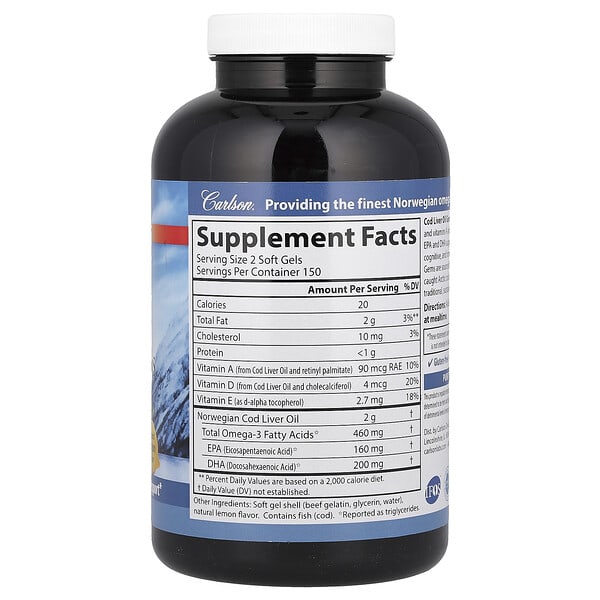 Alternative view of Carlson, Wild Norwegian, Cod Liver Oil Gems, Natural Lemon, 300 Soft Gels