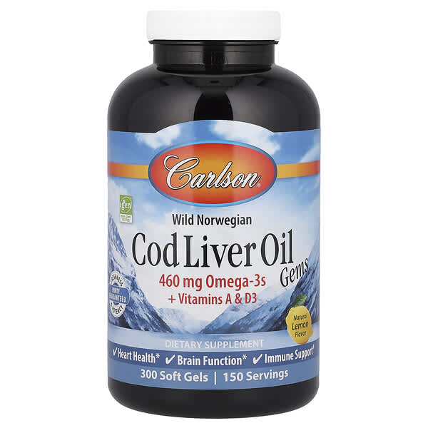 Carlson, Wild Norwegian, Cod Liver Oil Gems, Natural Lemon, 300 Soft Gels