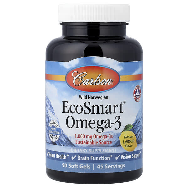 Carlson, Wild Norwegian EcoSmart® Omega-3, Natural Lemon, 90 Soft Gels
