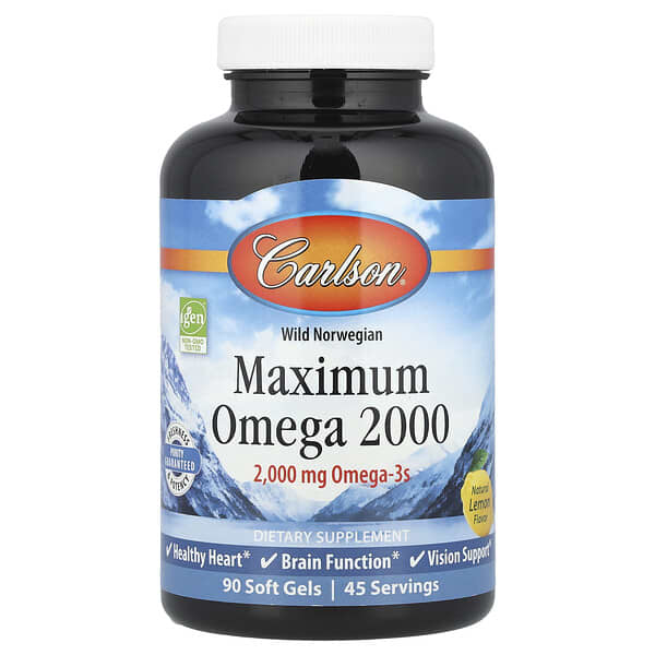 Carlson, Wild Norwegian, Maximum Omega 2000, Natural Lemon, 90 Soft Gels (1,000 mg per Soft Gel)
