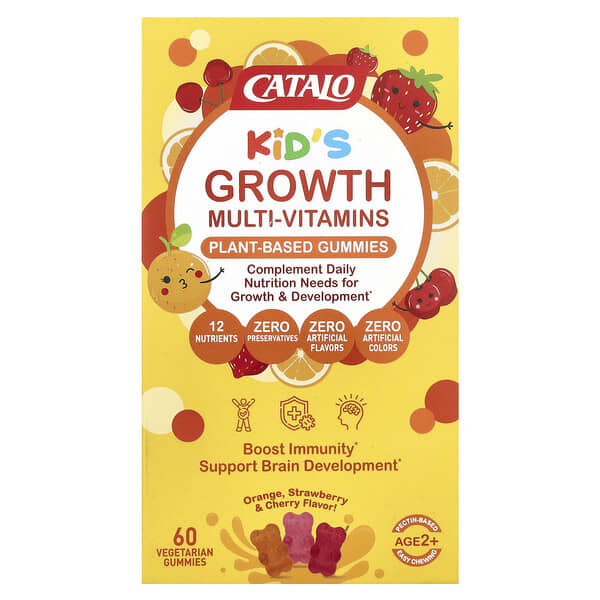 CATALO, Kids Growth Multi-Vitamins, Plant Based Gummies, Age 2+, Orange, Strawberry & Cherry, 60 Vegetarian Gummies