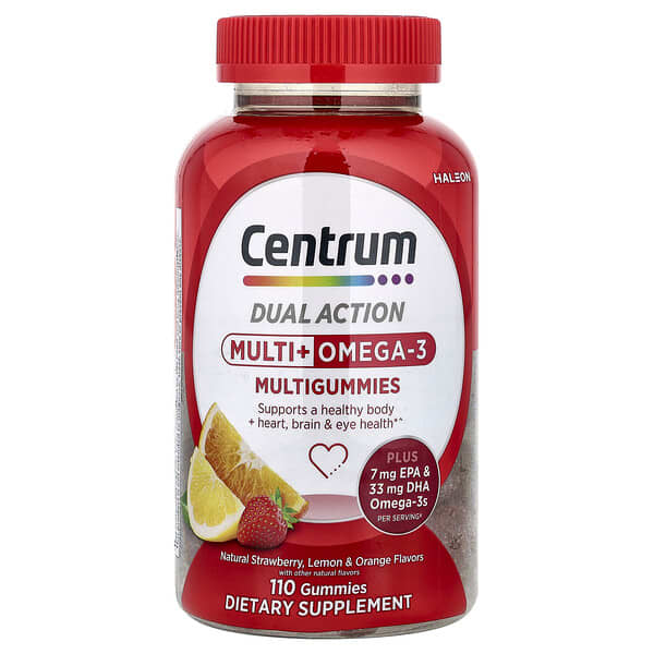 Centrum, Multi + Omega-3 Multigummies, Natural Strawberry, Lemon & Orange, 110 Gummies