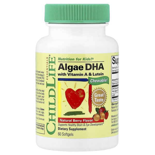 ChildLife Essentials, Algae DHA with Vitamin A & Lutein, Natural Berry, 60 Softgels