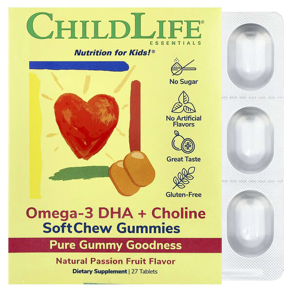 ChildLife Essentials, Essentials, Omega-3 DHA + Choline, SoftChew Gummies, Passion Fruit, 27 Tablets
