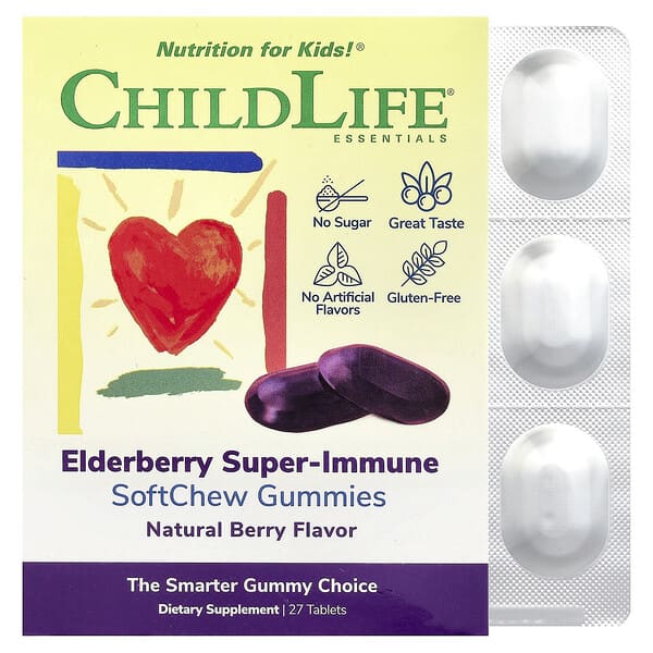 ChildLife Essentials, Kids, Elderberry Super-Immune SoftChew Gummies, Natural Berry, 27 Tablets