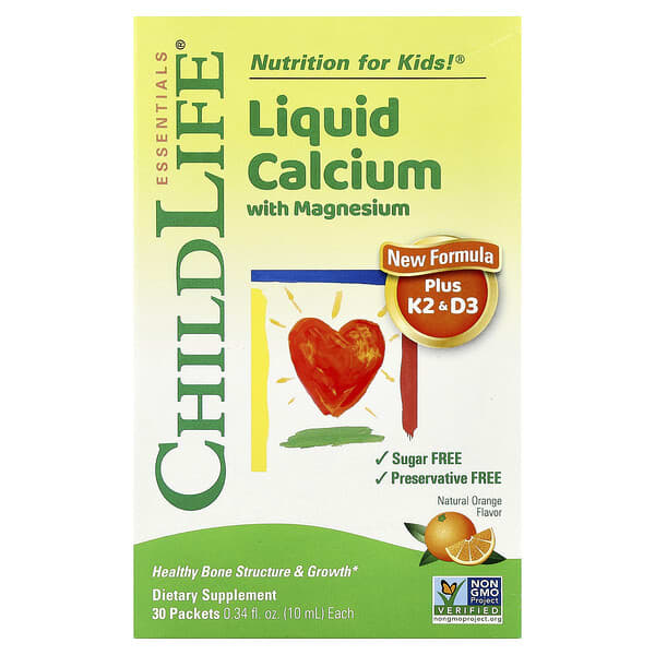 ChildLife Essentials, Liquid Calcium with Magnesium Plus K2 & D3, Natural Orange, 30 Packet, 0.34 fl oz (10 ml)