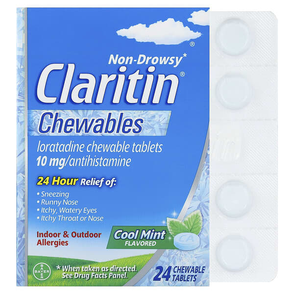 Claritin, Non-Drowsy, Loratadine Chewable Tablets, Cool Mint, 10 mg, 24 Chewable Tablets