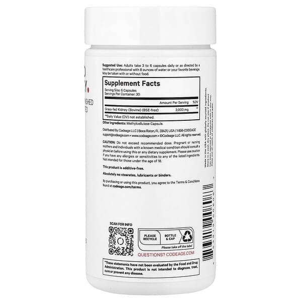 Alternative view of Codeage, Grass-Fed Beef Kidney, 180 Vegetable Capsules (500 mg Per capsule)