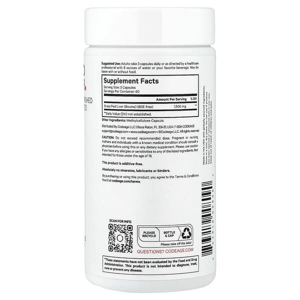 Alternative view of Codeage, Grass-Fed Beef Liver, 180 Vegetable Capsules (500 mg per Capsule)