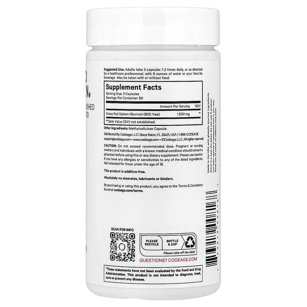 Alternative view of Codeage, Grass-Fed Beef Spleen, 180 Vegetable Capsules (500 mg per Capsule)