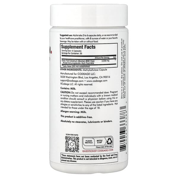 Alternative view of Codeage, Immuno Colostrum, 180 Capsules (500 mg per Capsule)