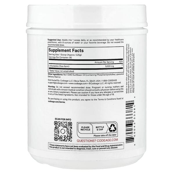 Alternative view of Codeage, Liposomal L-Glutamine+ Powder, Unflavored, 16.67 oz (472.5 g)
