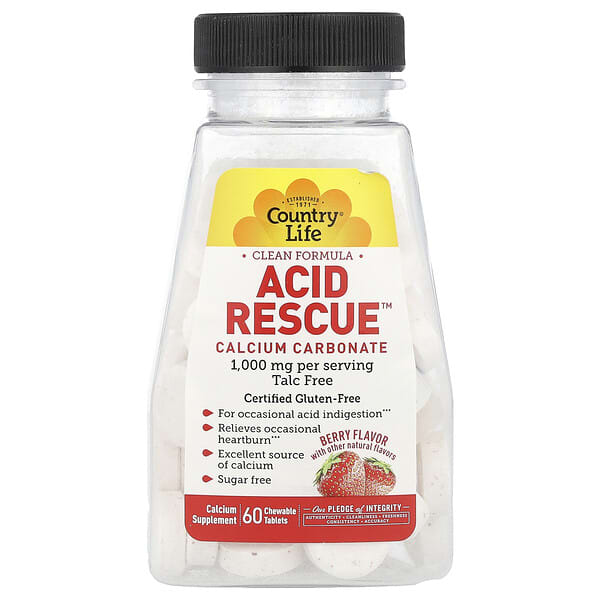 Country Life, Acid Rescue, Calcium Carbonate, Berry, 60 Chewable Tablets