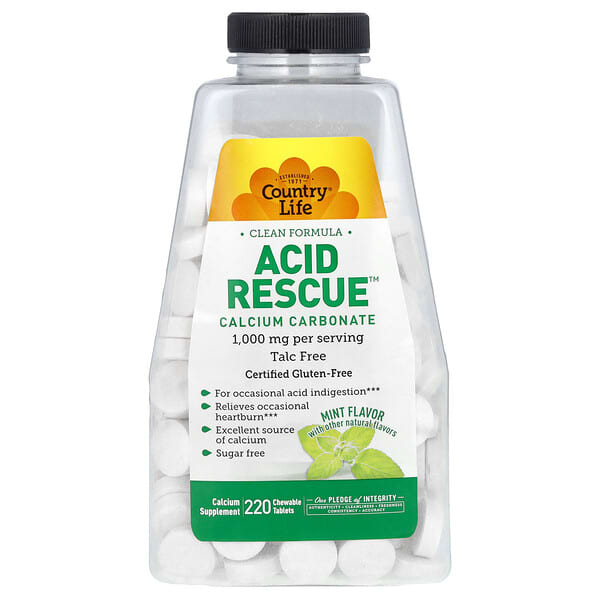 Country Life, Acid Rescue, Calcium Carbonate, Mint, 220 Chewable Tablets