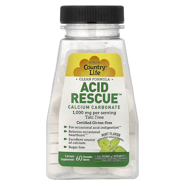 Country Life, Acid Rescue™, Calcium Carbonate, Mint, 60 Chewable Tablets