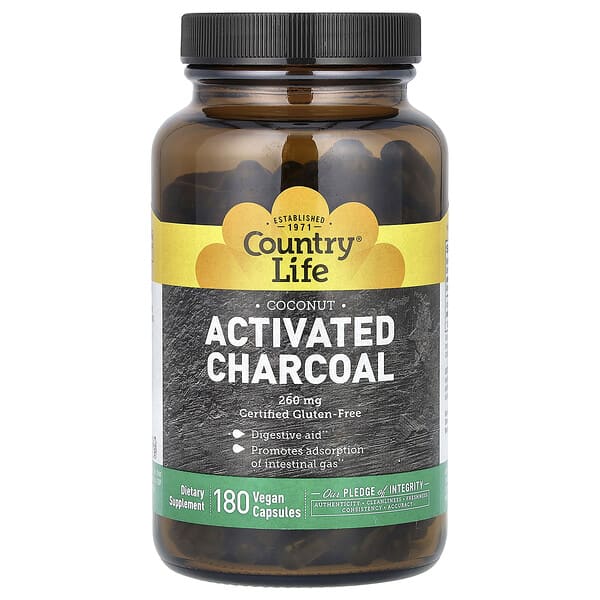 Country Life, Activated Charcoal, Coconut, 180 Vegan Capsules (260 mg per Capsule)