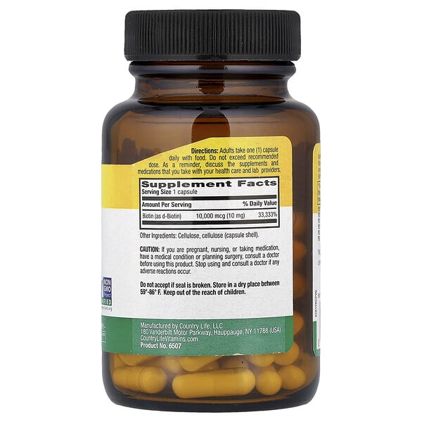 Alternative view of Country Life, Biotin, High Potency, 10 mg, 60 Vegan Capsules