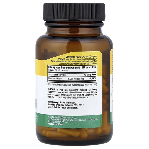 Alternative view of Country Life, Biotin, High Potency , 5 mg, 120 Vegan Capsules