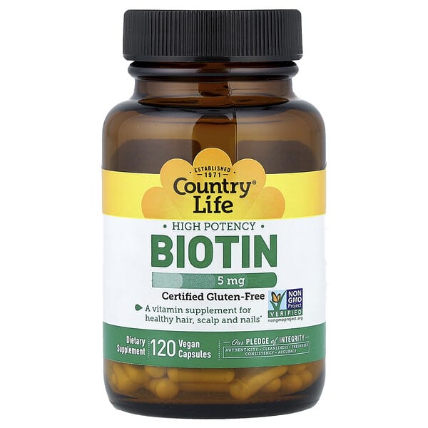 Country Life, Biotin, High Potency , 5 mg, 120 Vegan Capsules