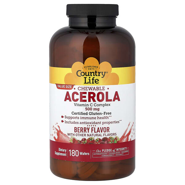 Country Life, Chewable Acerola, Vitamin C Complex, Berry, 180 Wafers 5 Country Life, Chewable Acerola, Vitamin C Complex, Berry, 180 Wafers