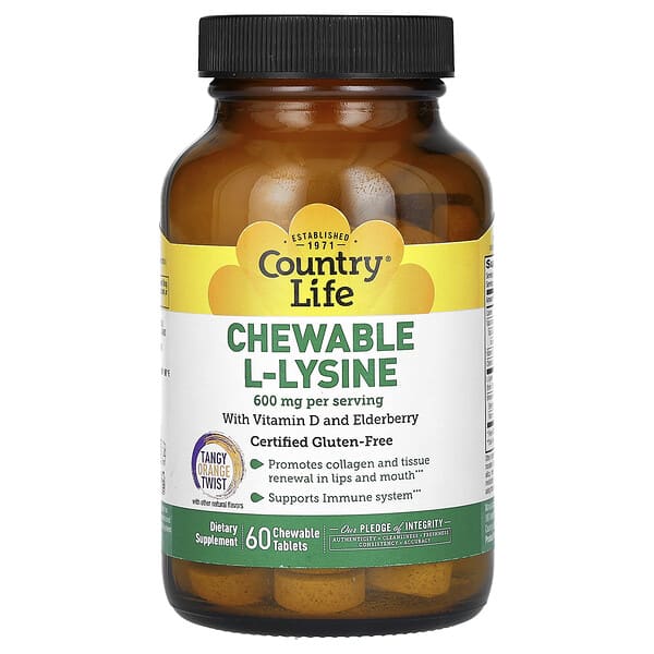 Country Life, Chewable L-Lysine With Vitamin D and Elderberry, Tangy Orange Twist, 60 Chewable Tablets