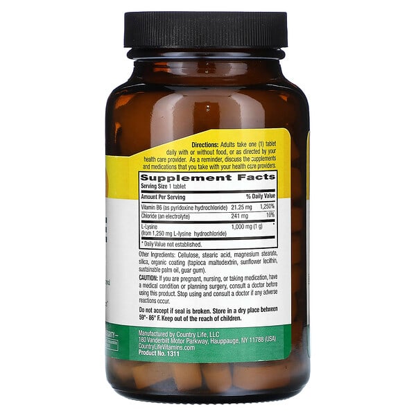 Alternative view of Country Life, L-Lysine, 100 Tablets