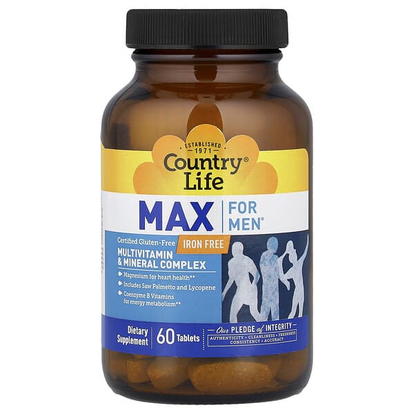 Country Life, Max for Men®, Multivitamin & Mineral Complex, Iron Free, 60 Tablets