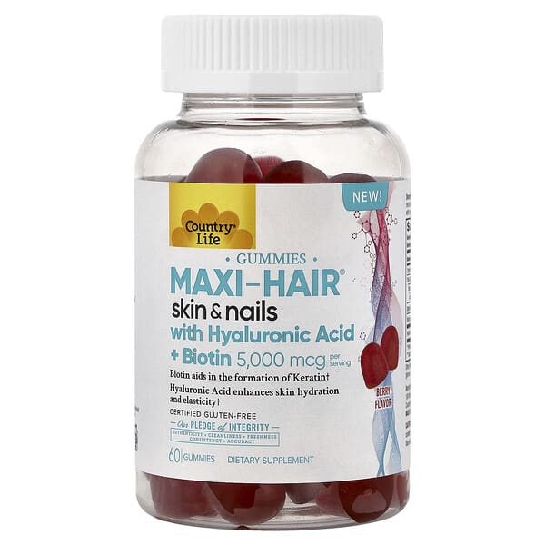 Country Life, Maxi-Hair® Skin & Nails Gummies with Hyaluronic Acid + Biotin, Berry, 60 Gummies