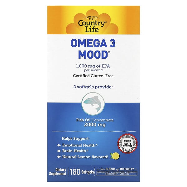 Country Life, Omega 3 Mood, Natural Lemon, 180 Softgels