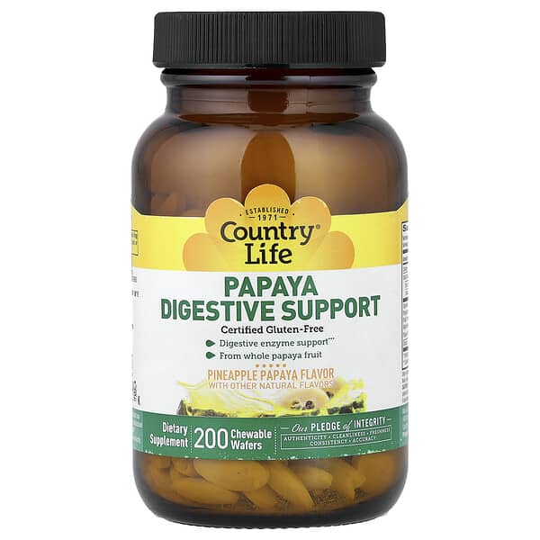Country Life, Papaya Digestive Support, Pineapple Papaya, 200 Chewable Wafers
