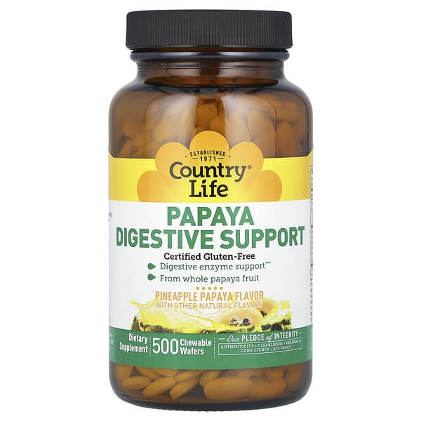 Country Life, Papaya Digestive Support, Pineapple Papaya, 500 Chewable Wafers