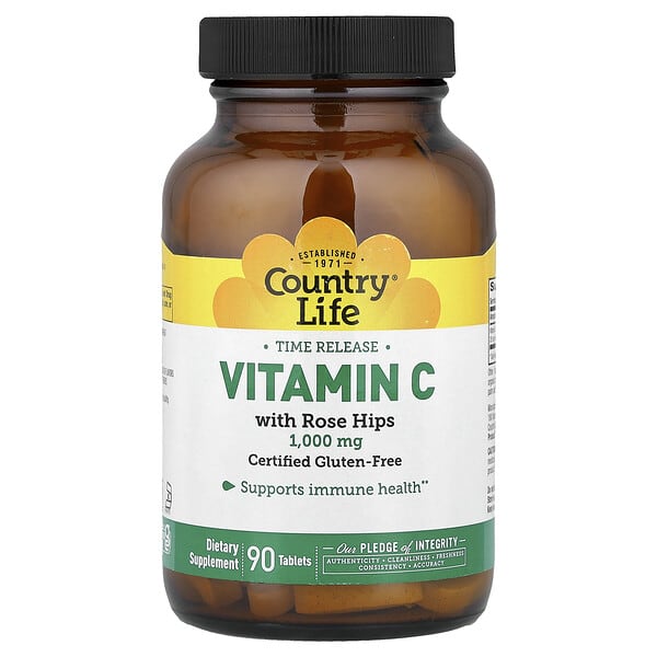 Country Life, Time Release Vitamin C with Rose Hips, 1,000 mg, 90 Tablets