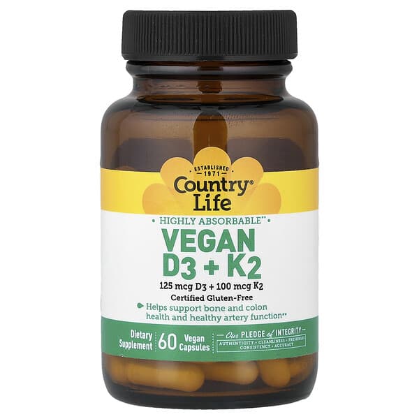 Country Life, Vegan D3 + K2, 60 Vegan Capsules