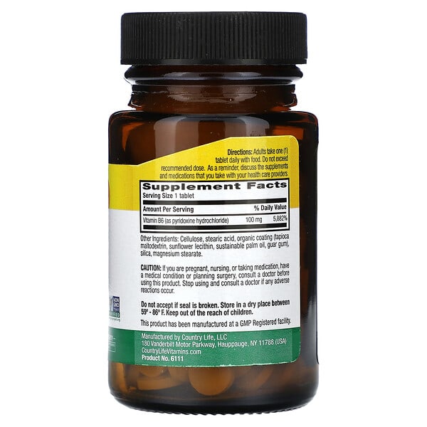 Alternative view of Country Life, Vitamin B6, 100 mg, 100 Tablets