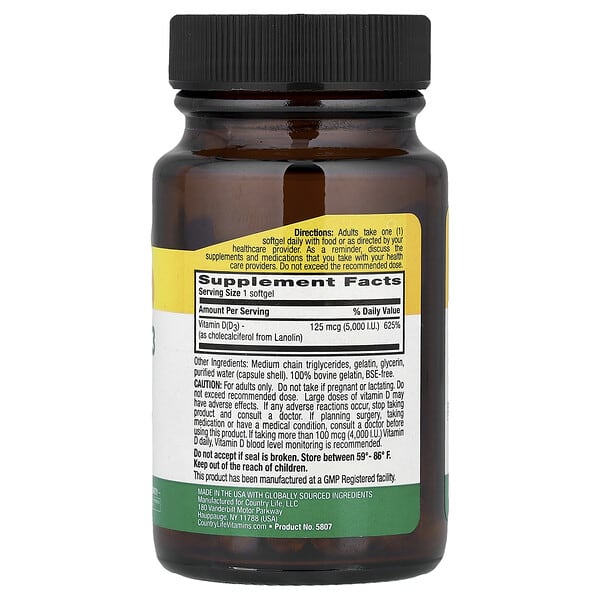 Alternative view of Country Life, Vitamin D3, 125 mcg (5,000 IU), 60 Softgels